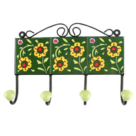 Forest Green Floral Ceramic Tile Hook